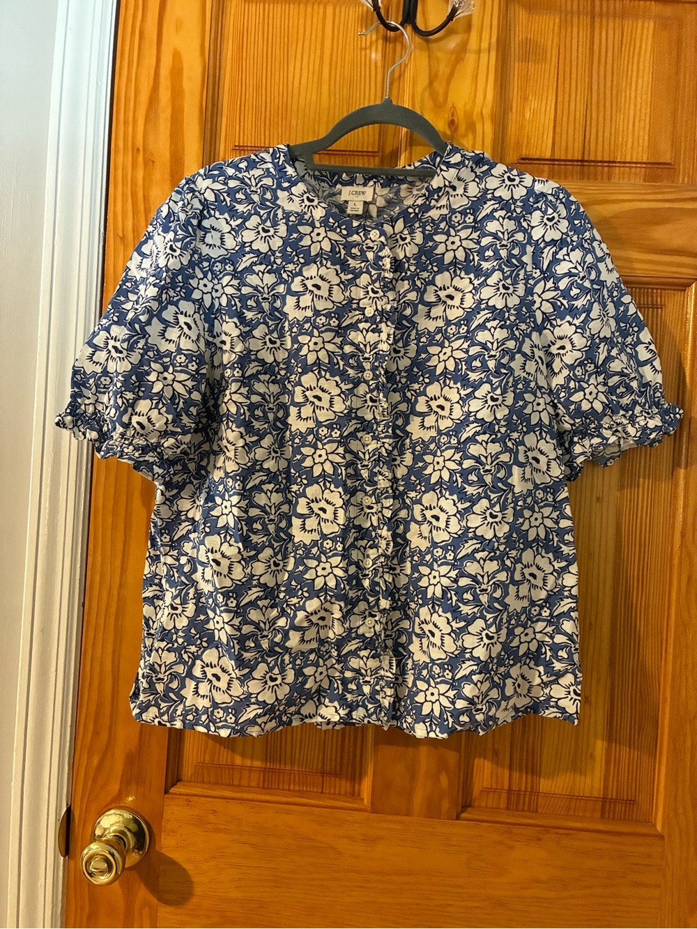 J. Crew Linen Blend Blue and White Floral Puff Sleeve Blouse